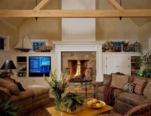 deco-living-room-rustic-beams-wood-sofa-leather-brown-fireplace-stone deco rustic living room