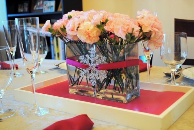Dekoration-of-table-Winter-idéer-blommor-band gåva flaska Snow