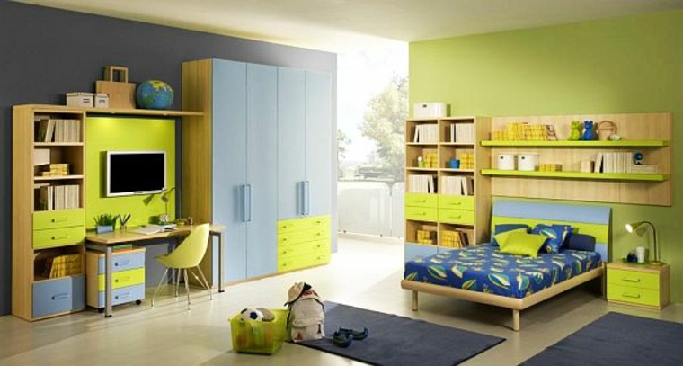 deco room idea green blue design floor rug blue modern shelves