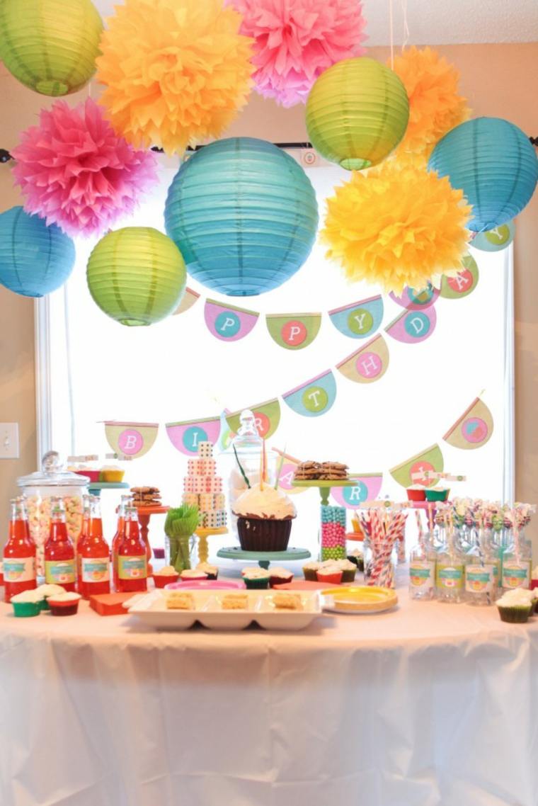 deco table birthday boy girl paper flowers hanging garland