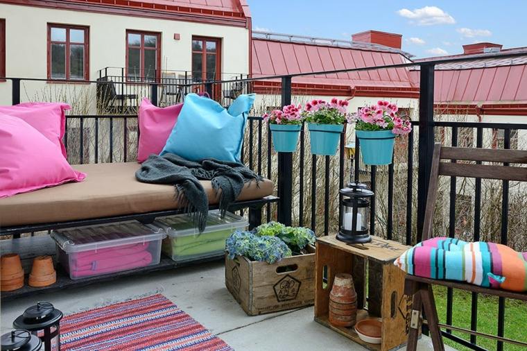 decorate her balcony sofa wood cushions idea carpet floor