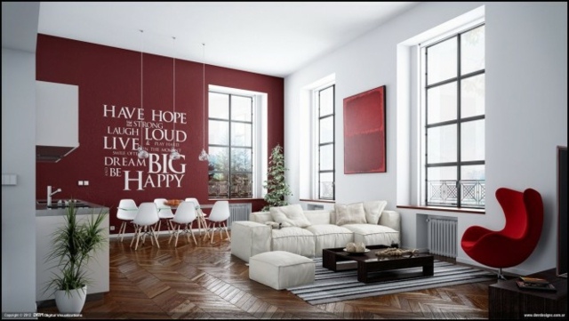 white red decor contemporary living room loft