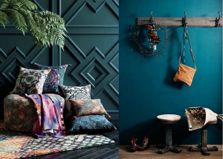 trend warna biru idea dalaman ruang tamu moden kusyen deco rack coat plant