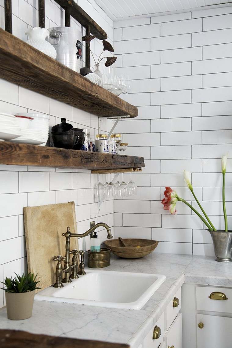 rustic wood shelves idea tile wall sink marble