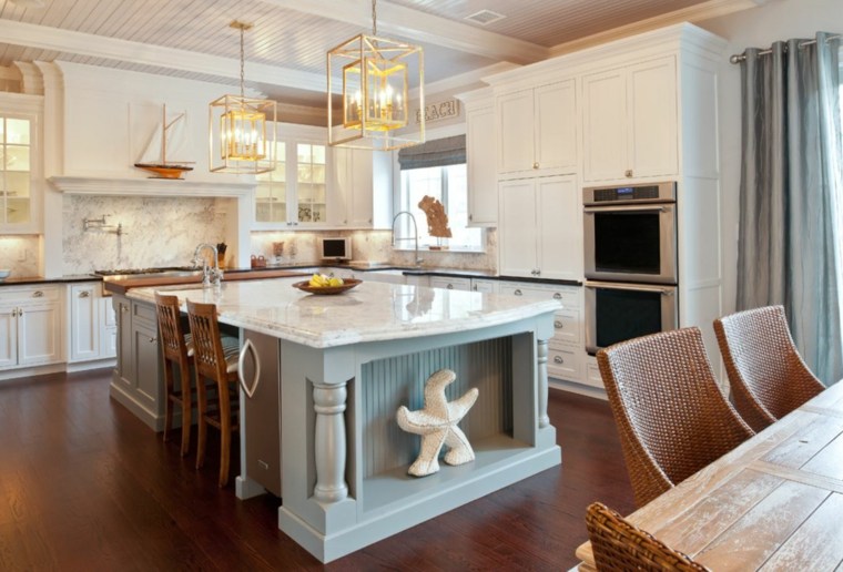 deco seaside chic spacious kitchen white blue pastel shades