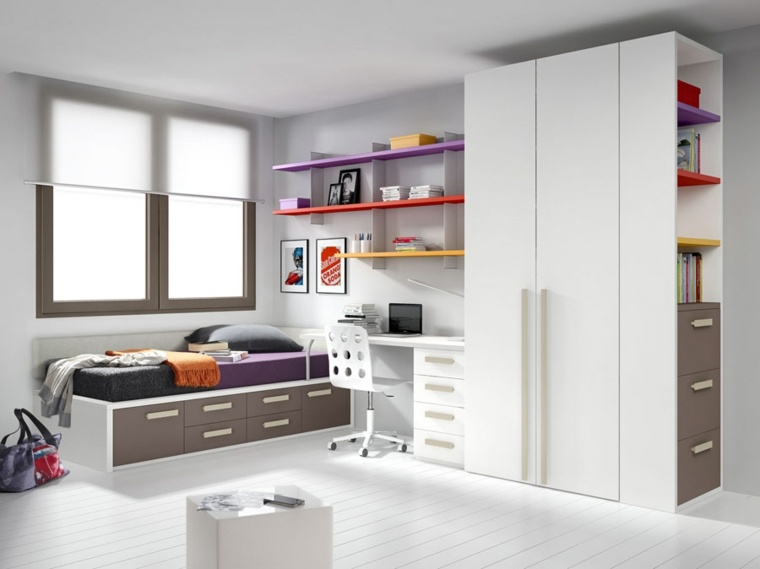 teen bedroom idea decorating original shelves wood bed cushion black chair office white