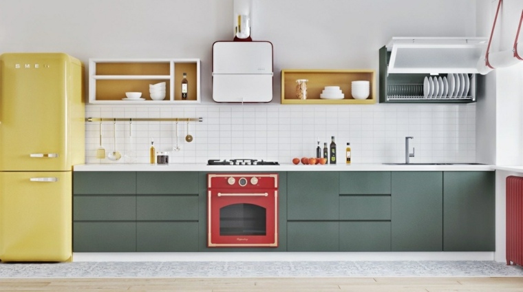 decor white kitchen scandinavian fridge yellow drawers green oven red