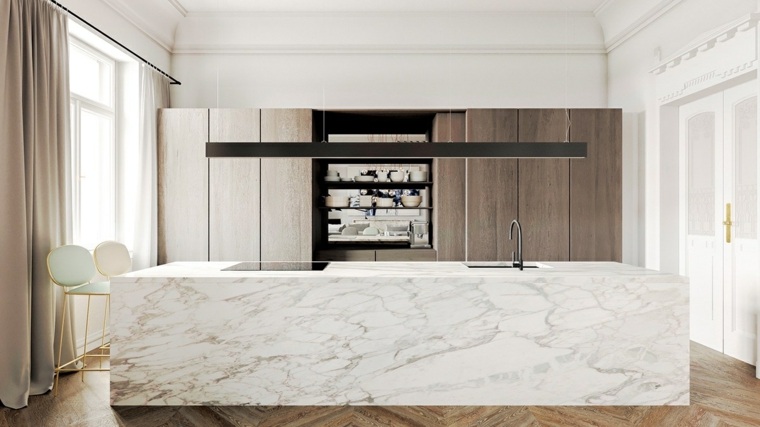 white kitchen and wood with worktop in white marble stone