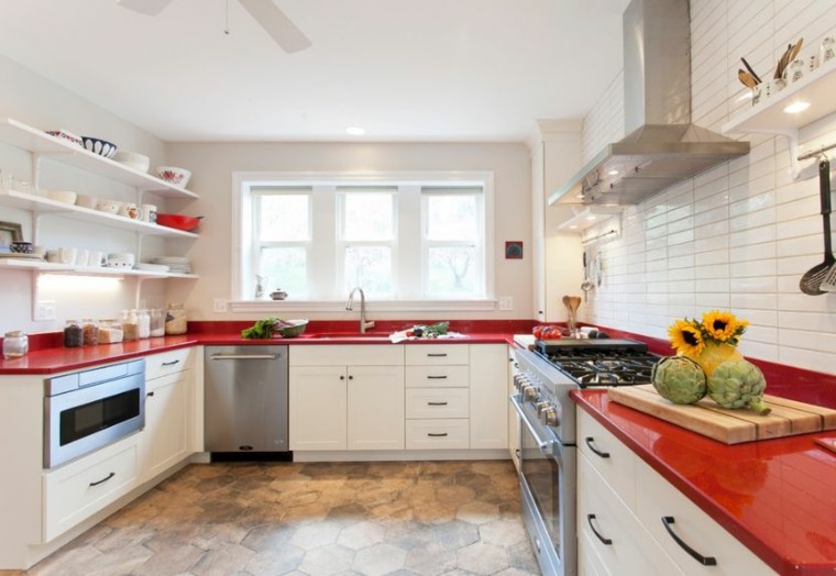 decoration kitchen red and white materials idea worktop