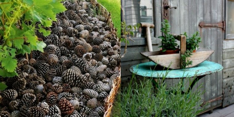 deco garden outdoor boat wood pine cones tray flowers wood