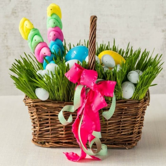 easter decoration basket full eggs chicks