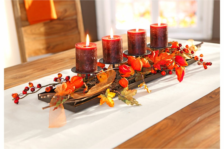 dekoration tema höst ljus lämnar bordsduk idé deco bord fest