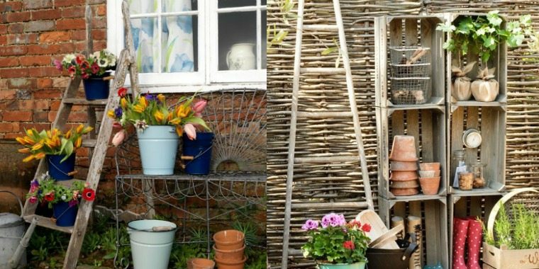 deco outdoor garden pots flowers ladder wood idea