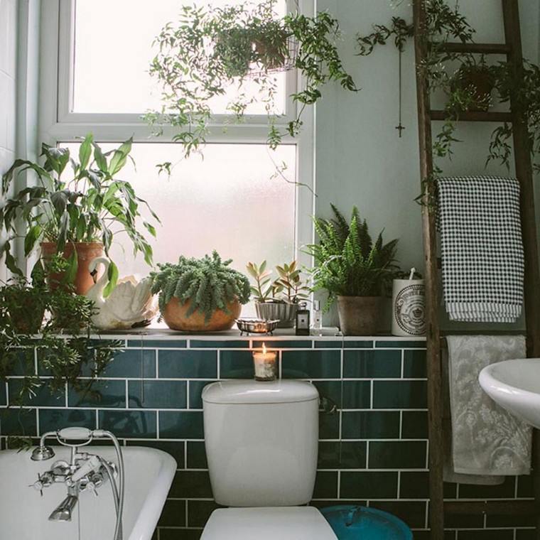 bathroom decoration nature plant pot idea bathroom tile blue