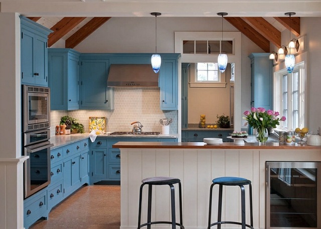 deco interior kitchen blue white wood farmhouse