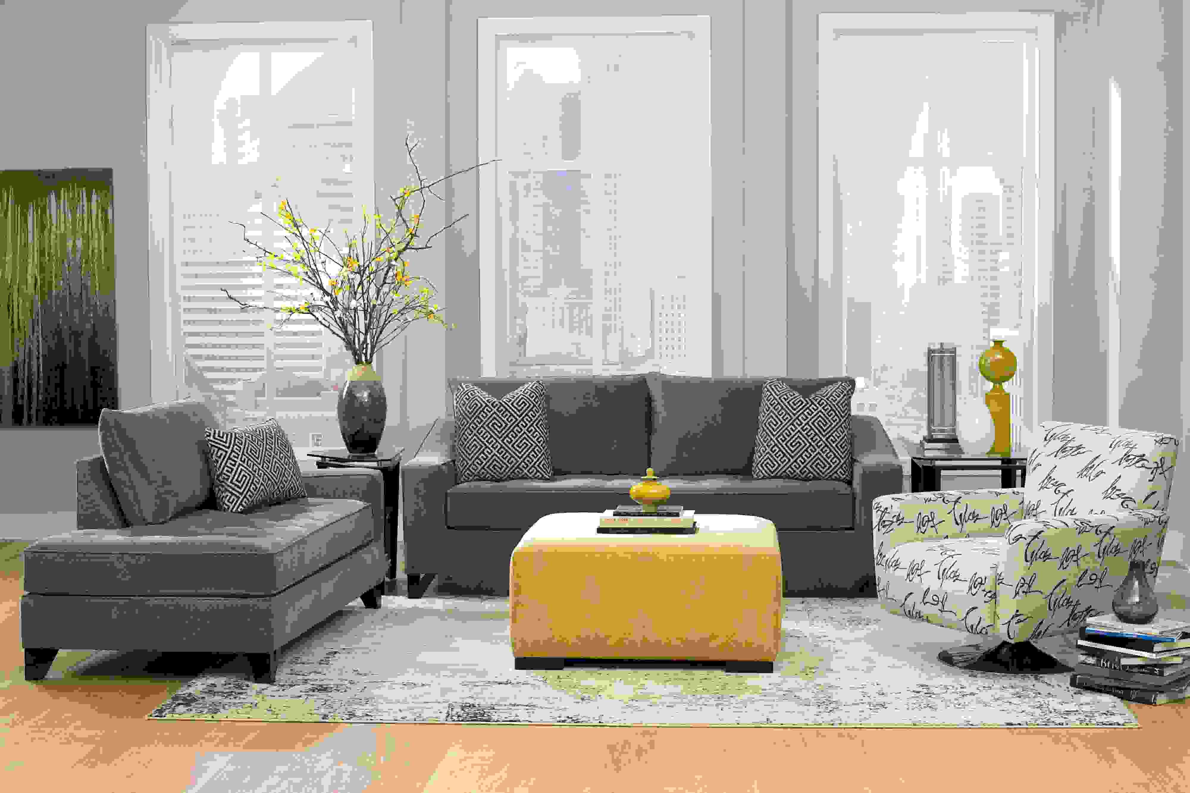 interiør dekorasjon stue gul grå idé stue