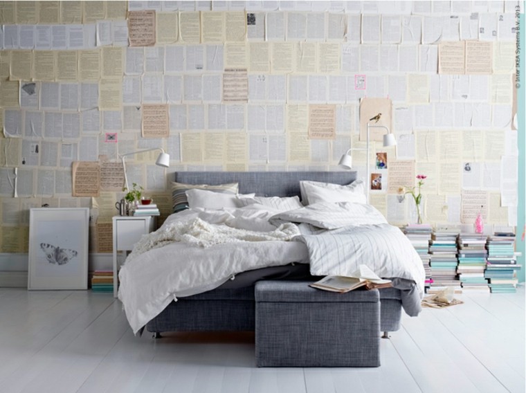 wall decoration design idea sheets of notes bed cushions parquet white books