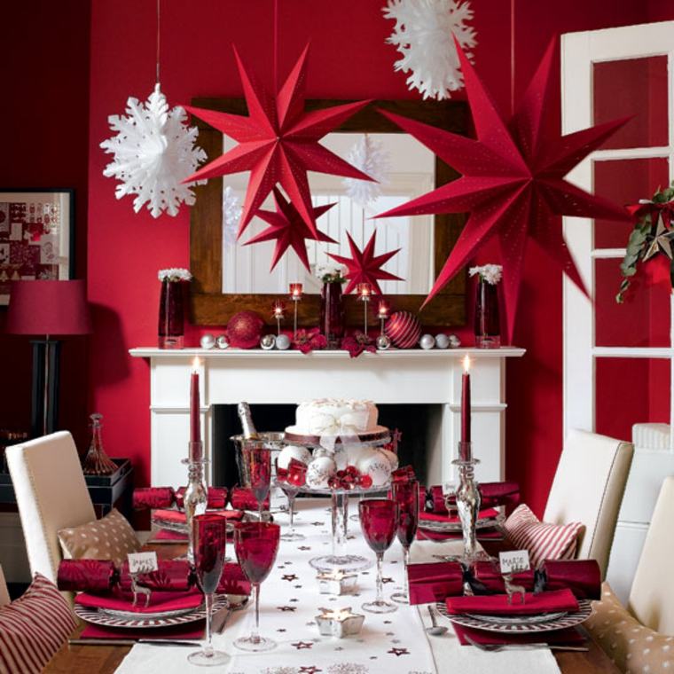 Christmas table decoration idea in red hanging towel star snowflakes