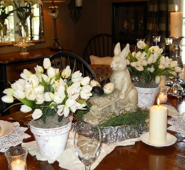 deco easter white tulips rabbit