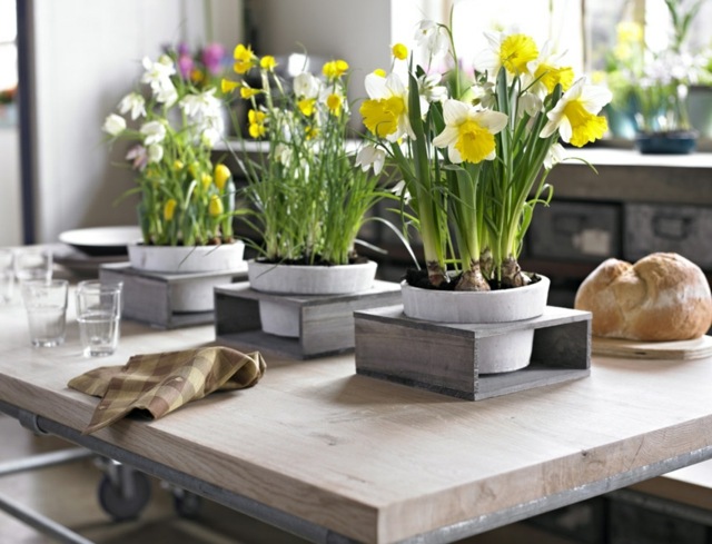 yellow flowerpot deco idea wooden table minimalist style