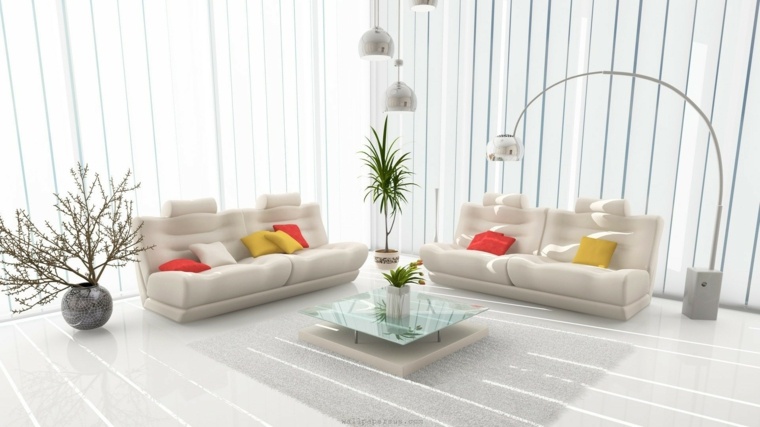 deco living room white cushion sofa white floor rug coffee table glass plant