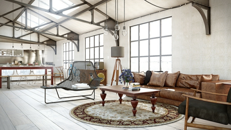 indoor living room industrial style design sofa brown leather floor rug round coffee table wood design