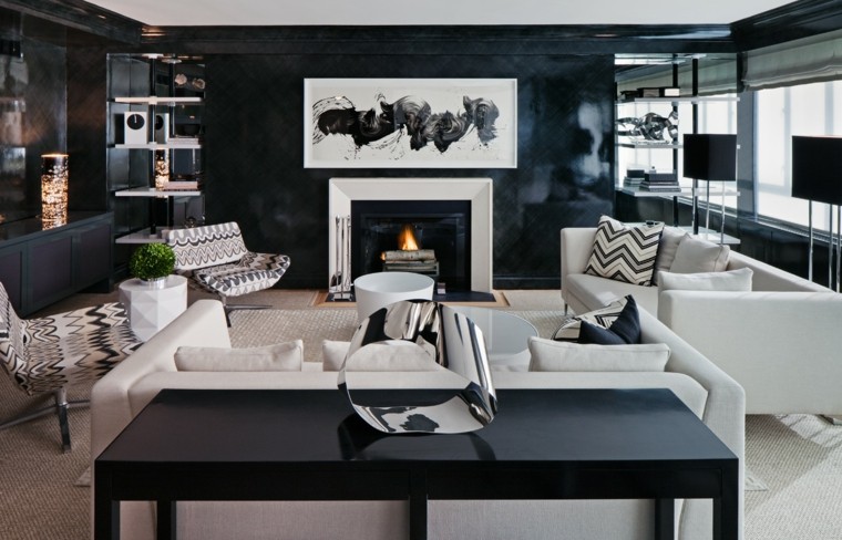 living room design modern idea whiteboard abstract deco interior in black and white sofa white cushions armchairs