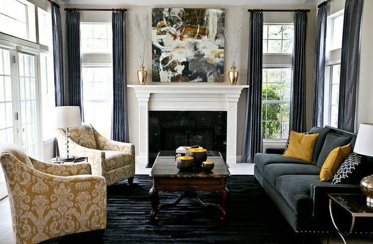 modern living room idea design couch gray deco yellow cushions chalkboard abstract wall armchair yellow white