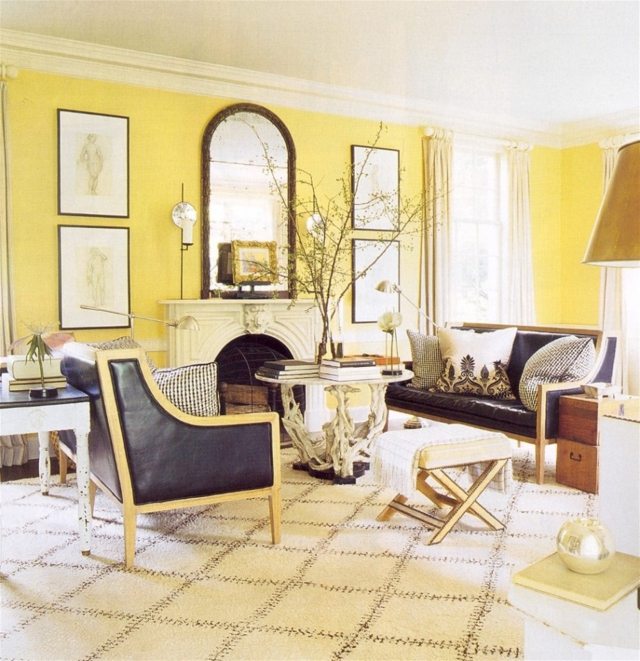 living room yellow walls deco mirror armchair black leather coffee table living room leather sofa mirror deco pictures