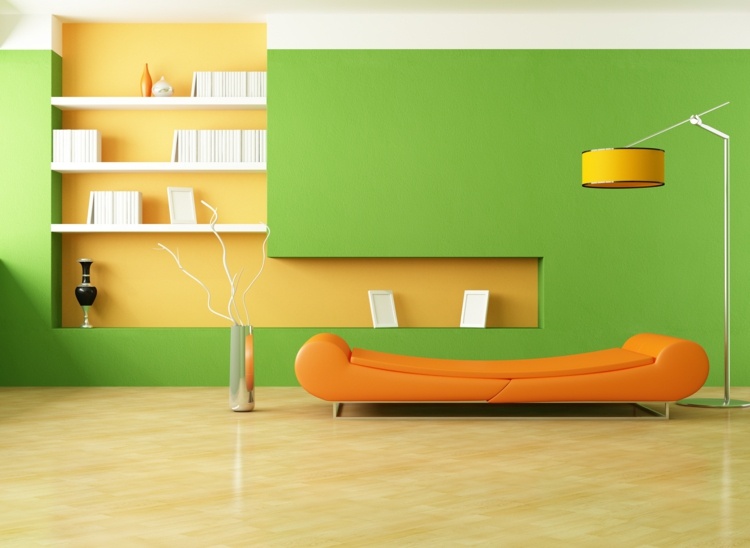 green orange living room deco