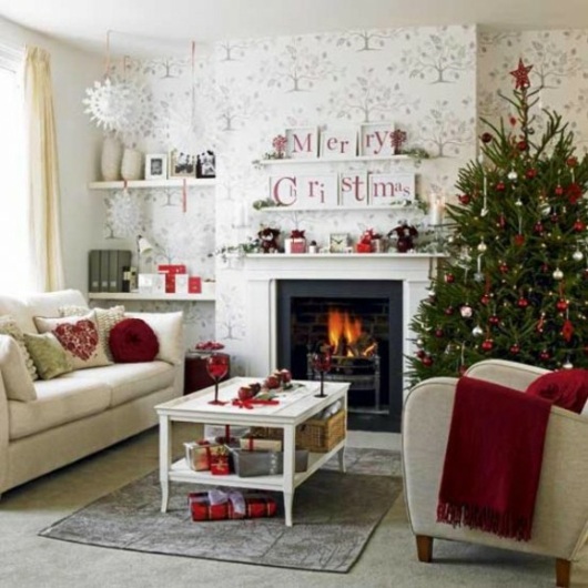 white red living room deco