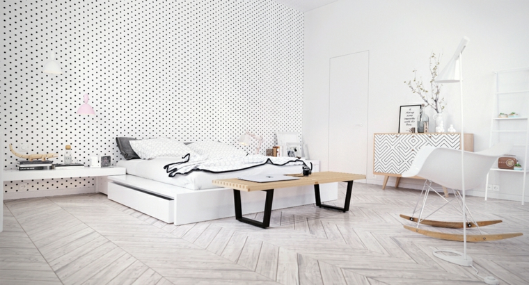 modern Scandinavian interior idea bed frame wood wall design parquet chair
