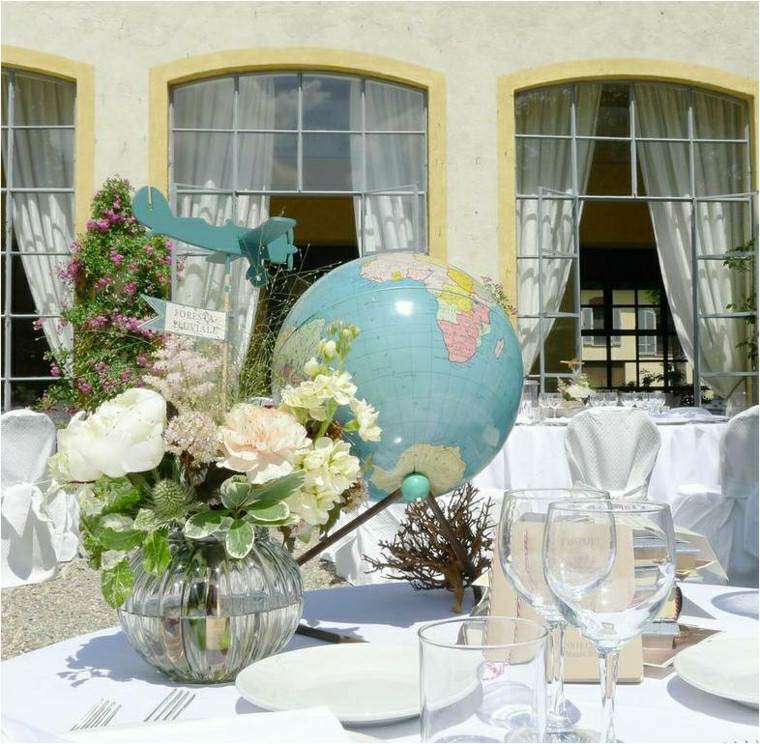 globe earth table deco flowers plates window