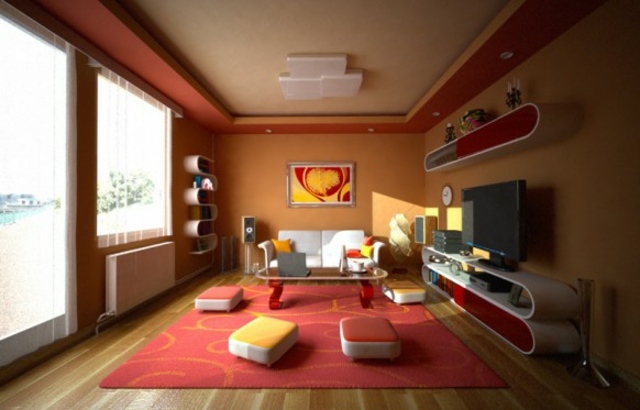 red modern living room decoration