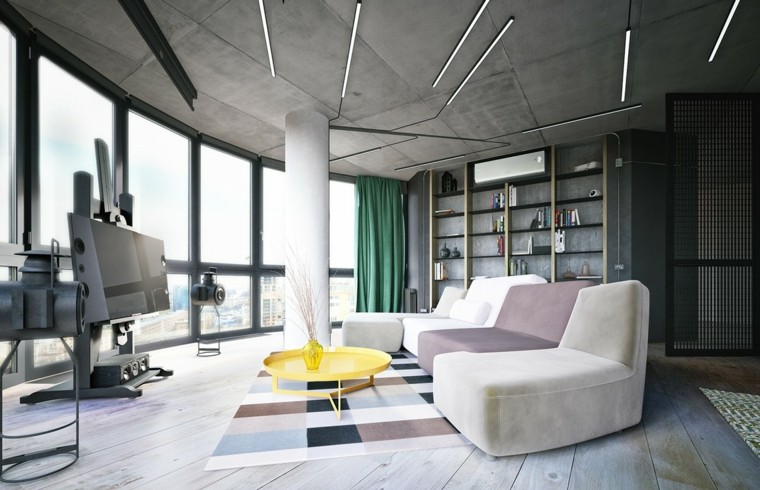 interiør dekorasjon stue idé sofa gul teppe gulv design