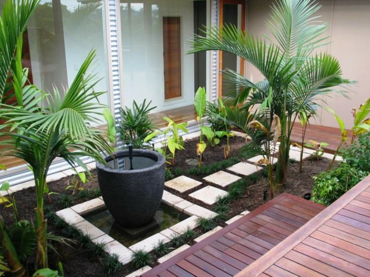 garden layout small space flower pot palms wooden floor