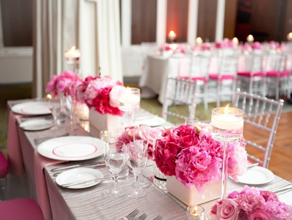 decoration pink peonies white wedding table