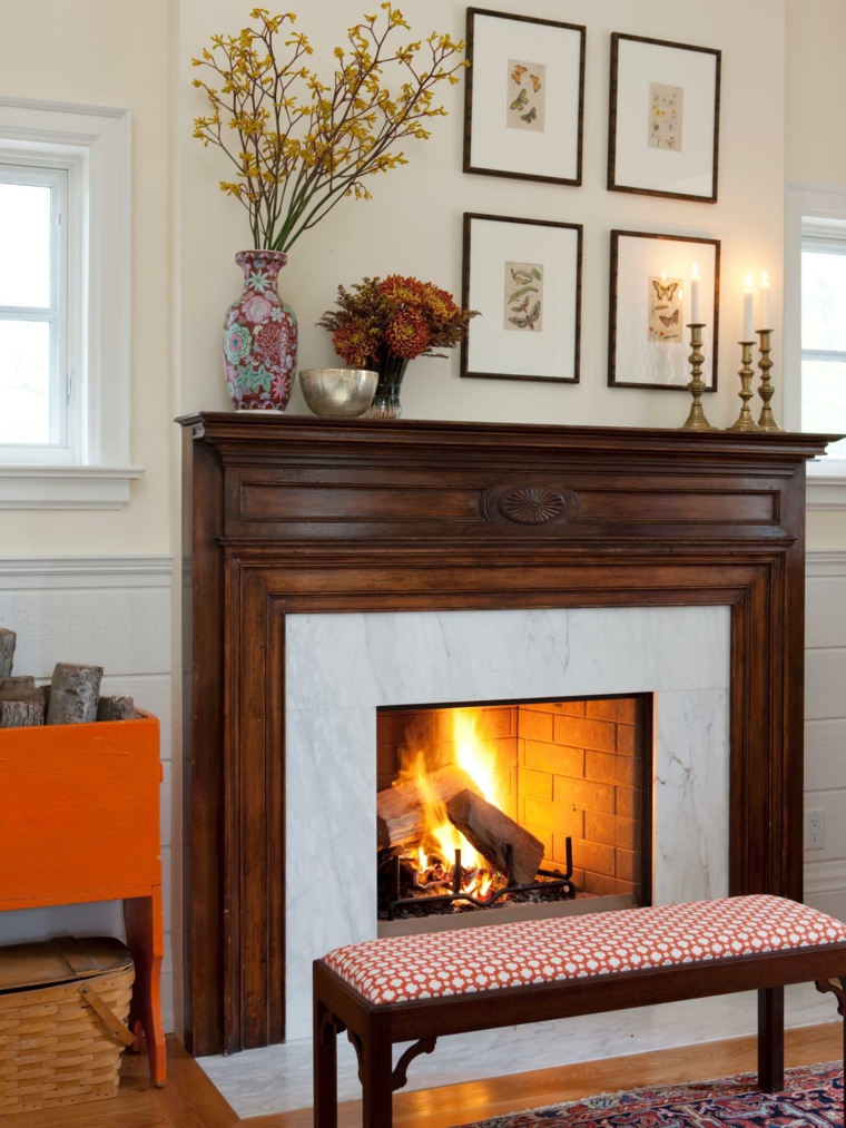 deco fireplace idea bouquet frames wooden bench