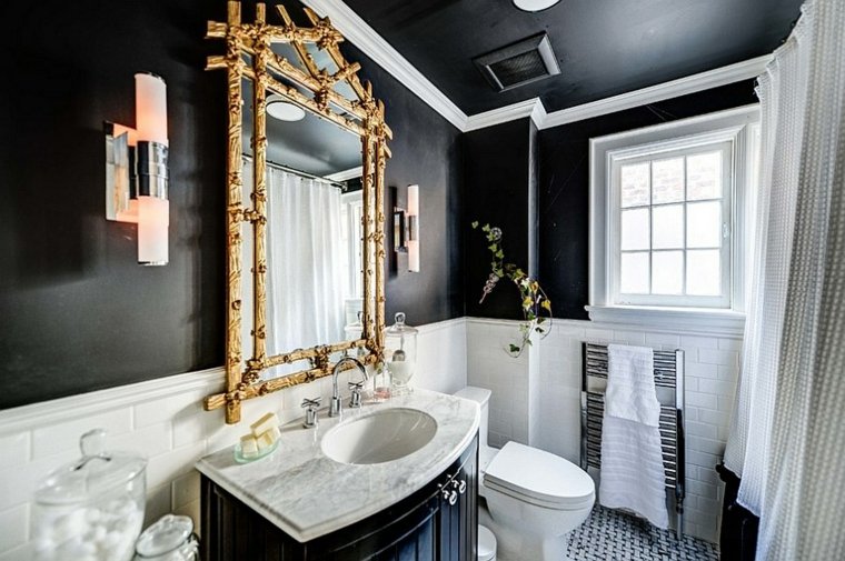 menghias idea bilik mandi cermin kayu tirai putih dinding marmar dalaman lekapan