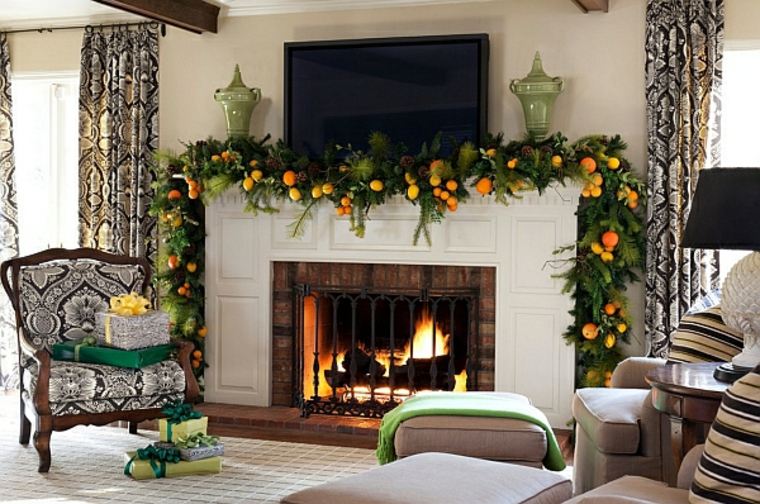 decorate fireplace christmas garland orange original floor rug curtains