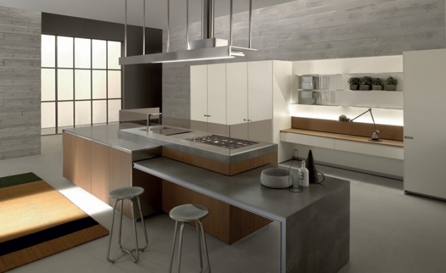 modern kitchen design islet-plan-concrete-waxed