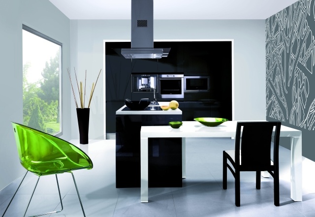 modern kitchen design black-white-green-accents