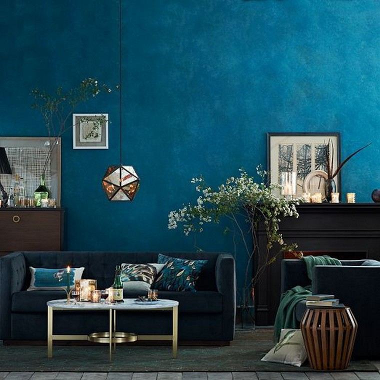 idea indoor living room wall blue paint sofa cushions fixture suspension