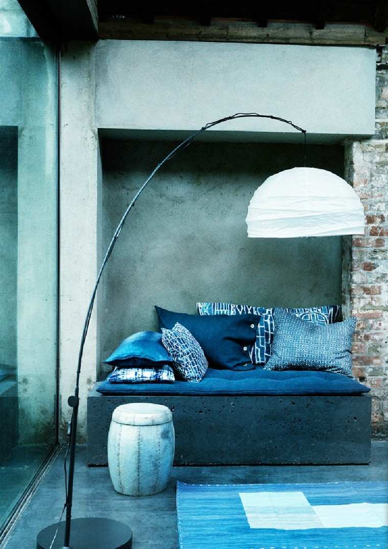 idea interior space trend bench stone cushions blue lighting pouf