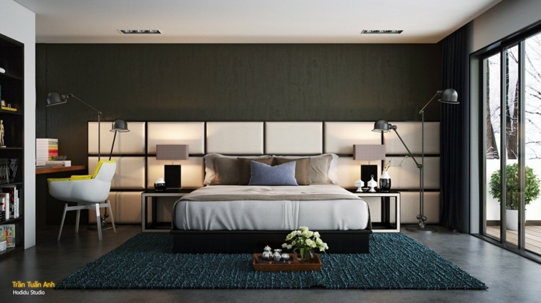 modern interior design idea bedroom floor carpet light headboard