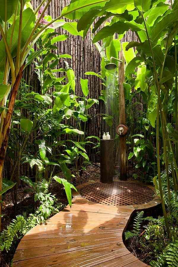 shower cabin outdoor footbridge wood tropical garden