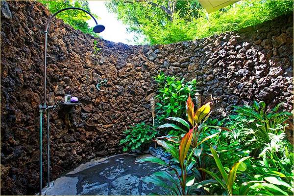 outdoor shower stones pebbles