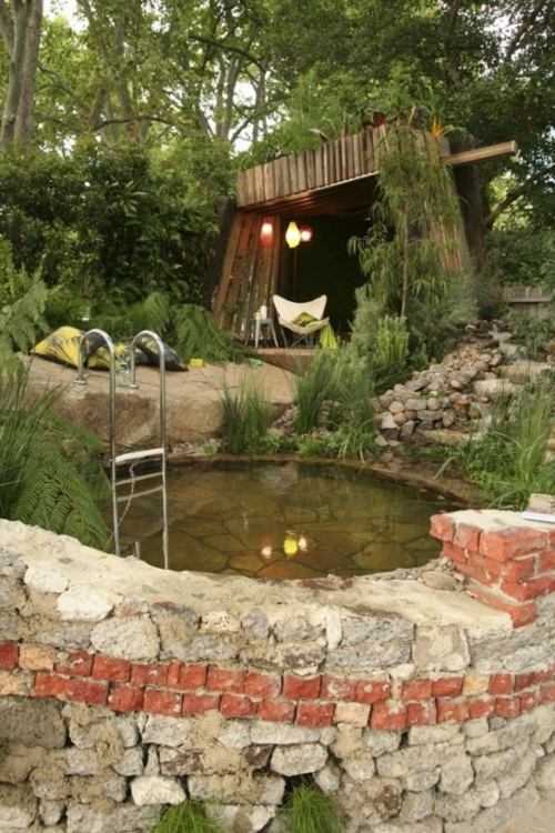 ladder pool brick stone hut wood