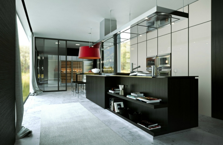 black kitchen modern design idea lighting red