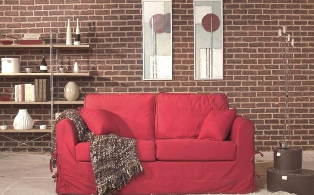 red sofa living room wall wallpaper brick wooden shelves